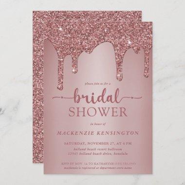 Luxury Glam Rose Gold Glitter Drips Bridal Shower Invitations