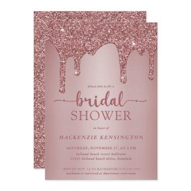 Luxury Glam Rose Gold Glitter Drips Bridal Shower Invitations