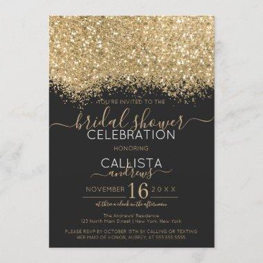 Luxury Gold Black Glitter Confetti Bridal Shower Invitations