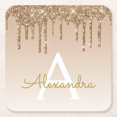 Luxury Gold Glitter & Sparkle Monogram Birthday Square Paper Coaster