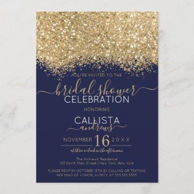 Luxury Gold Navy Glitter Confetti Bridal Shower Invitations