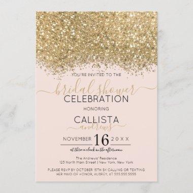 Luxury Gold Pink Glitter Confetti Bridal Shower Invitations