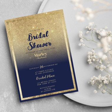 Luxury navy blue gold ombre glitter Bridal Shower Invitations