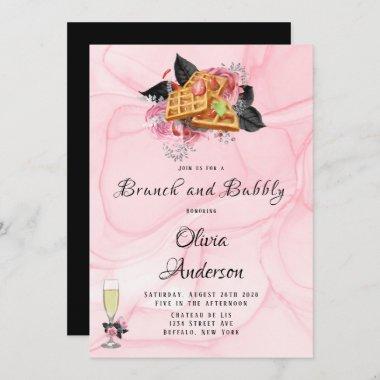 Luxury Pink Black Floral Inking Brunch & Bubbly I Invitations
