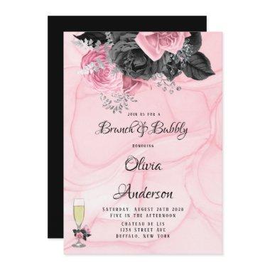 Luxury Pink Black Floral Inking Brunch & Bubbly
