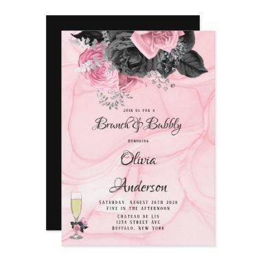 Luxury Pink Black Floral Inking Brunch & Bubbly Invitations