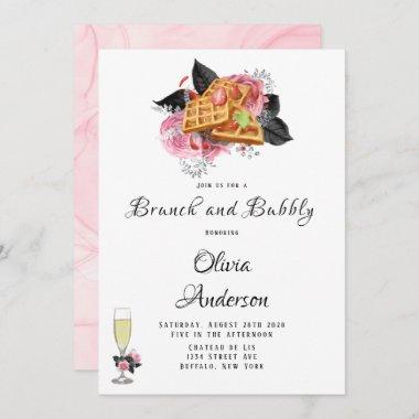 Luxury Pink Black Floral Inking Brunch & Bubbly Invitations