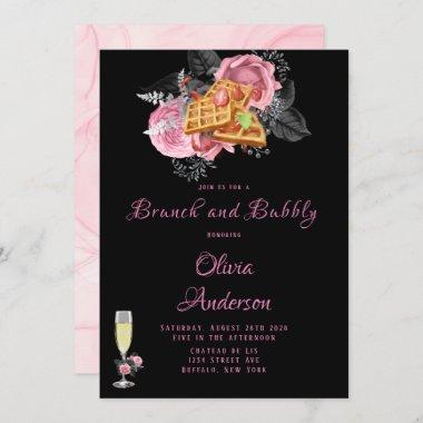 Luxury Pink Black Floral Inking Brunch & Bubbly Invitations