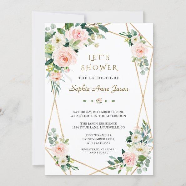 Luxury Pink White Flowers Gold Frame Bridal Shower Invitations
