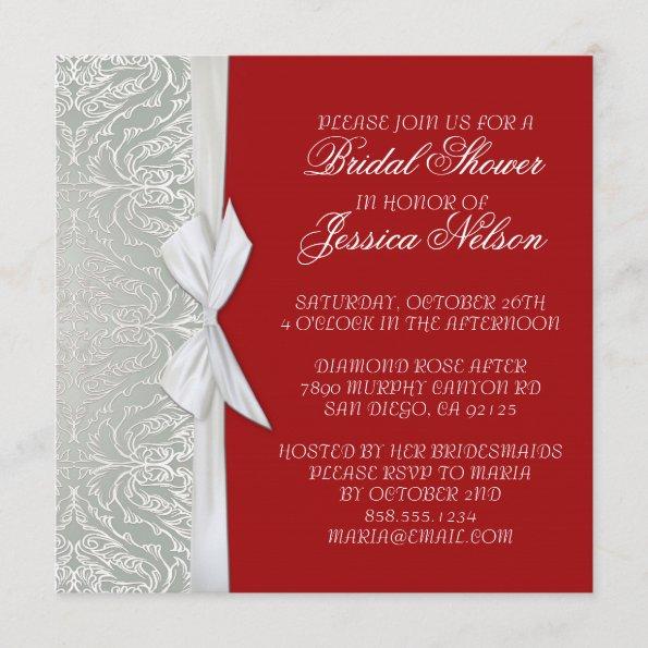 Luxury Ribbon Silver/Red Damask Shower Invite
