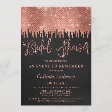 Luxury Rose Gold Black Glitter Pixel Bridal Shower Invitations