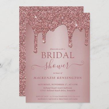 Luxury Rose Gold Glitter Drips Bridal Shower Invitations