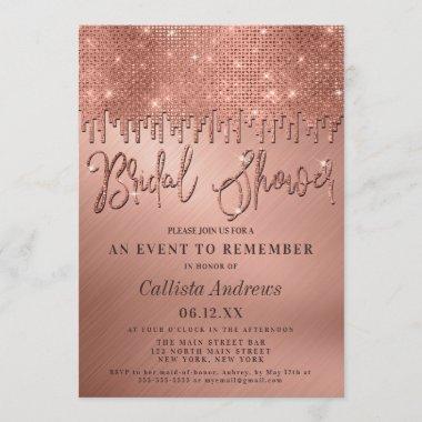 Luxury Rose Gold Glitter Pixels Bridal Shower Invitations