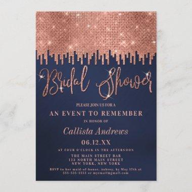 Luxury Rose Gold Navy Glitter Pixels Bridal Shower Invitations