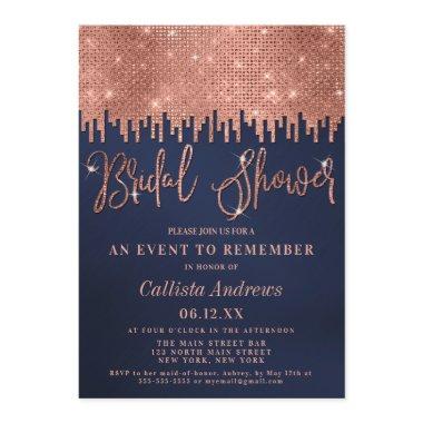 Luxury Rose Gold Navy Glitter Pixels Bridal Shower Invitations