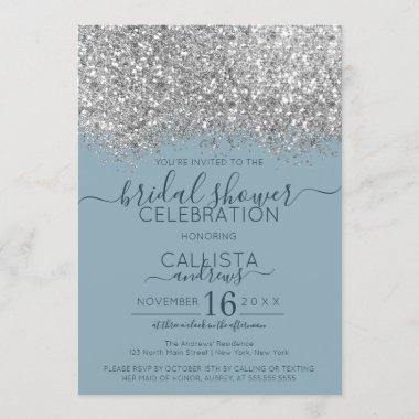 Luxury Silver Blue Glitter Confetti Bridal Shower Invitations