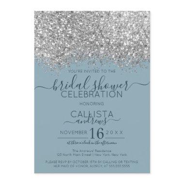 Luxury Silver Blue Glitter Confetti Bridal Shower Invitations