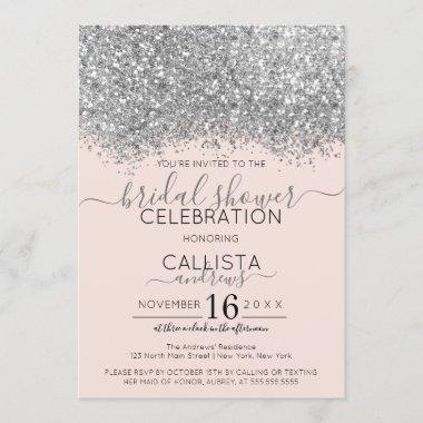 Luxury Silver Blush Glitter Confetti Bridal Shower Invitations
