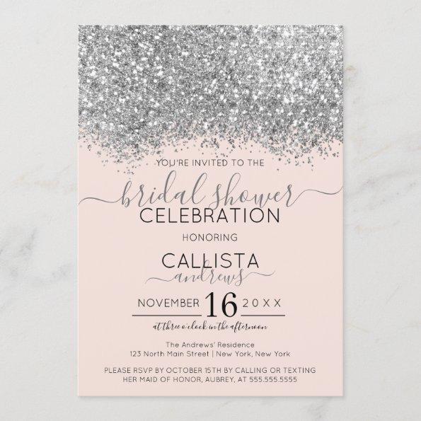 Luxury Silver Blush Glitter Confetti Bridal Shower Invitations