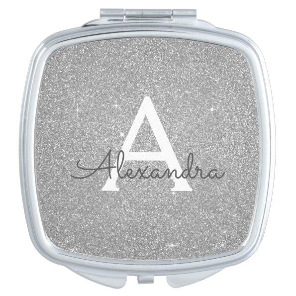 Luxury Silver Glitter and Sparkle Monogram Compact Mirror