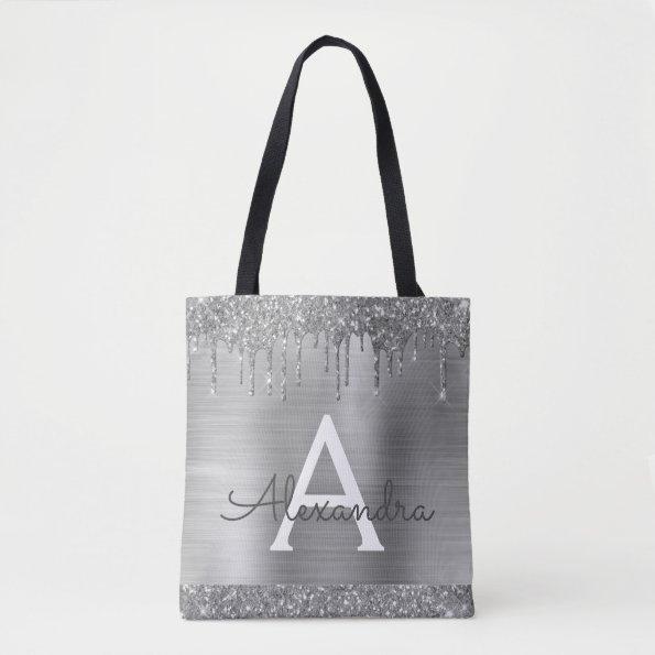 Luxury Silver Glitter Sparkle Elegant Monogram Tote Bag