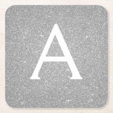 Luxury Silver Glitter & Sparkle Monogram Birthday Square Paper Coaster