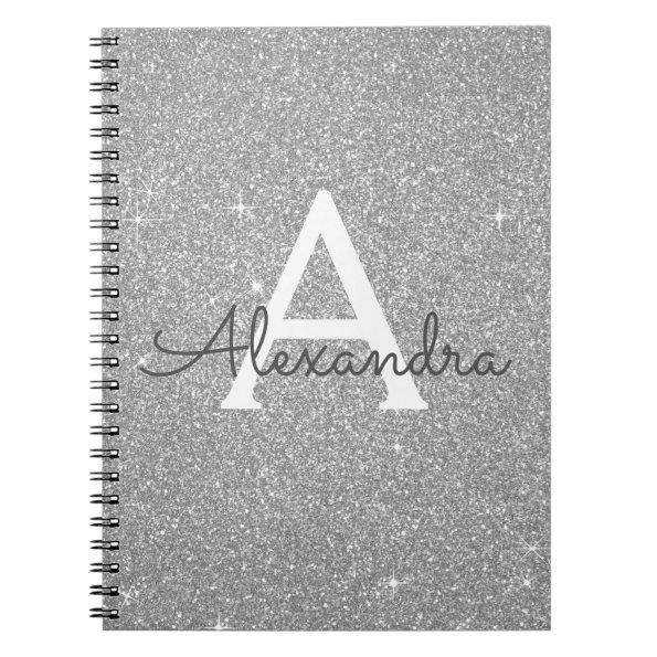 Luxury Silver Glitter Sparkle Monogram Notebook