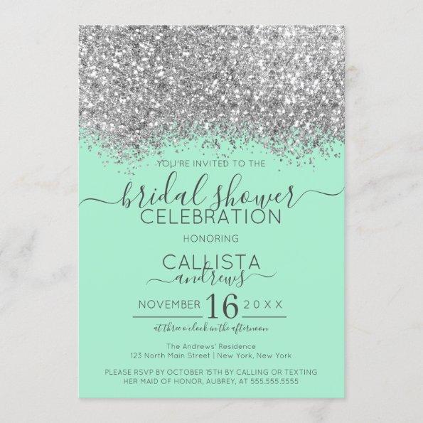 Luxury Silver Mint Glitter Confetti Bridal Shower Invitations