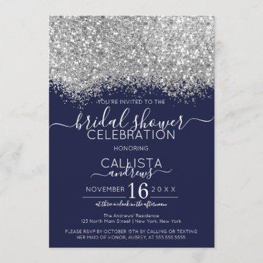 Luxury Silver Navy Glitter Confetti Bridal Shower Invitations