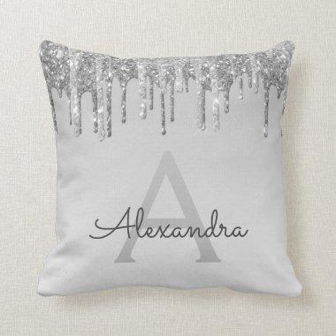 Luxury Silver Sparkle Glitter Monogram Throw Pillow