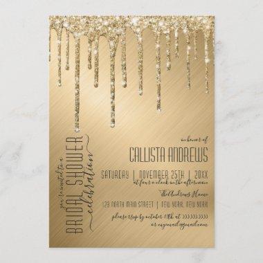 Luxury Sparkly Gold Glitter Drips Bridal Shower Invitations