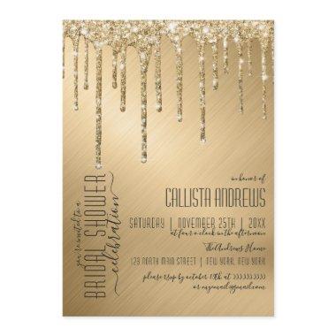 Luxury Sparkly Gold Glitter Drips Bridal Shower Invitations