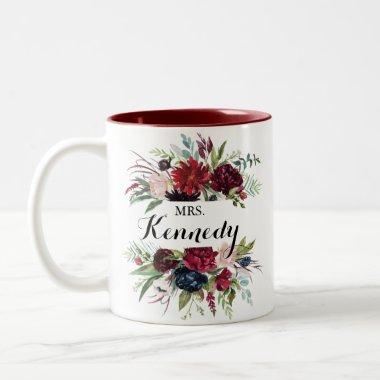 Luxury Whimsical Boho Floral Mrs Newlywed Bride Two-Tone Coffee Mug