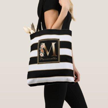 M Gold Floral Monogram | Black White Gold Stripes Tote Bag