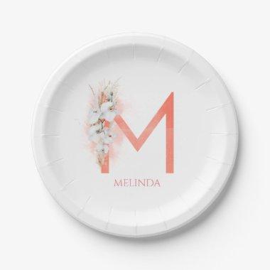 M Monogram Name Pampas Grass White Orchids Paper Plates