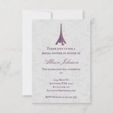 Magenta Eiffel Tower Damask Bridal Shower Invitations