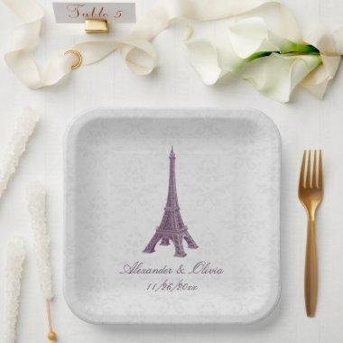 Magenta Eiffel Tower Damask Wedding Shower Paper Plates