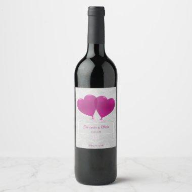 Magenta Heart Balloons Wedding Wine Label