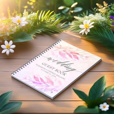 Magenta Hot Pink Watercolor Leaf Wedding Guestbook Notebook