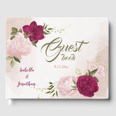 magenta pink flowers greenery guest book
