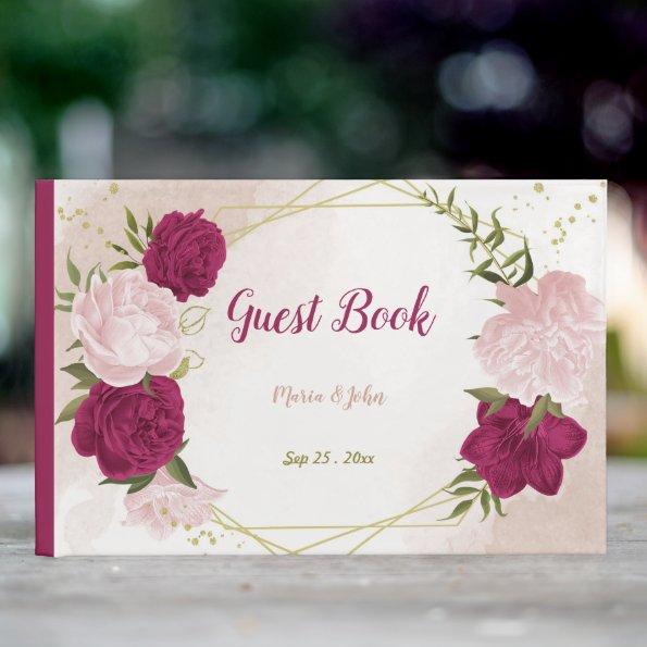 magenta pink flowers greenery guest book