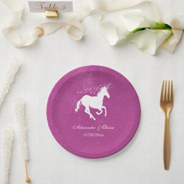 Magenta Unicorn Wedding Paper Plate