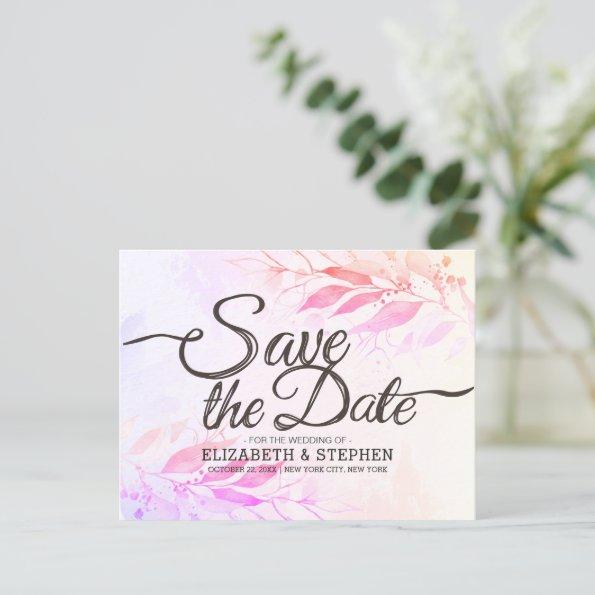 Magenta Watercolor Leaves Wedding Save The Date Po PostInvitations