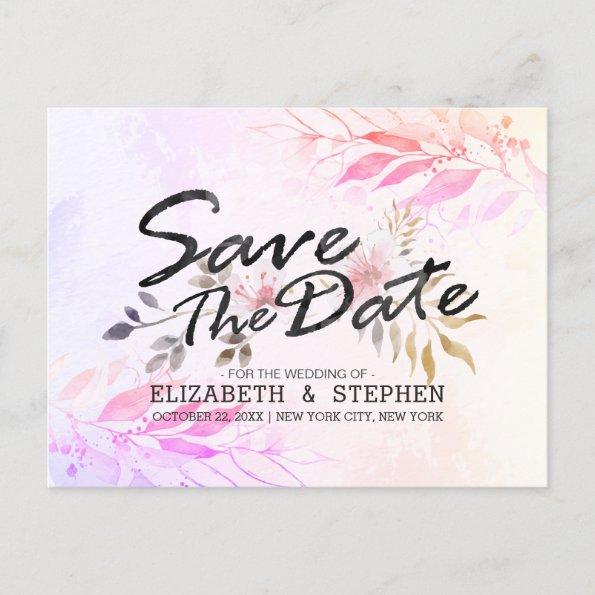 Magenta Watercolor Leaves Wedding Save The Date Po PostInvitations