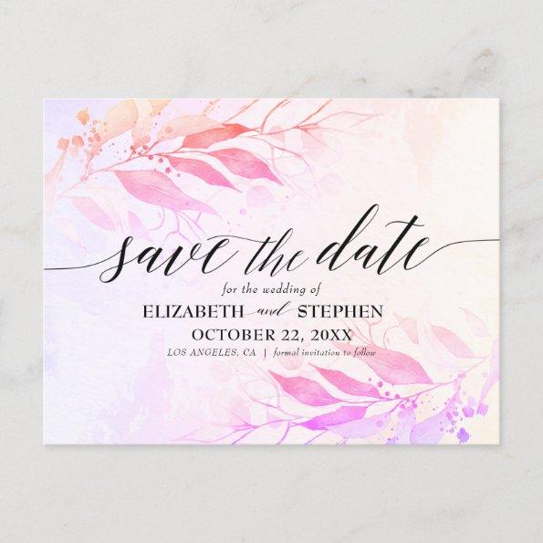 Magenta Watercolor Leaves Wedding Save The Date PostInvitations