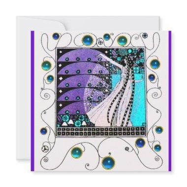 MAGIC OF THE SPRING,bright purple black aqua blue Invitations