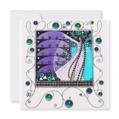 MAGIC OF THE SPRING,bright purple black aqua blue Invitations