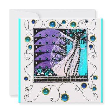 MAGIC OF THE SPRING,bright purple black aqua blue Invitations