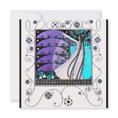 MAGIC OF THE SPRING,bright purple black aqua blue Invitations