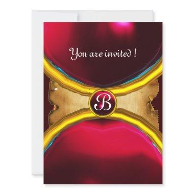 MAGIC RINGS ,MONOGRAM parchment gem red burgundy Invitations